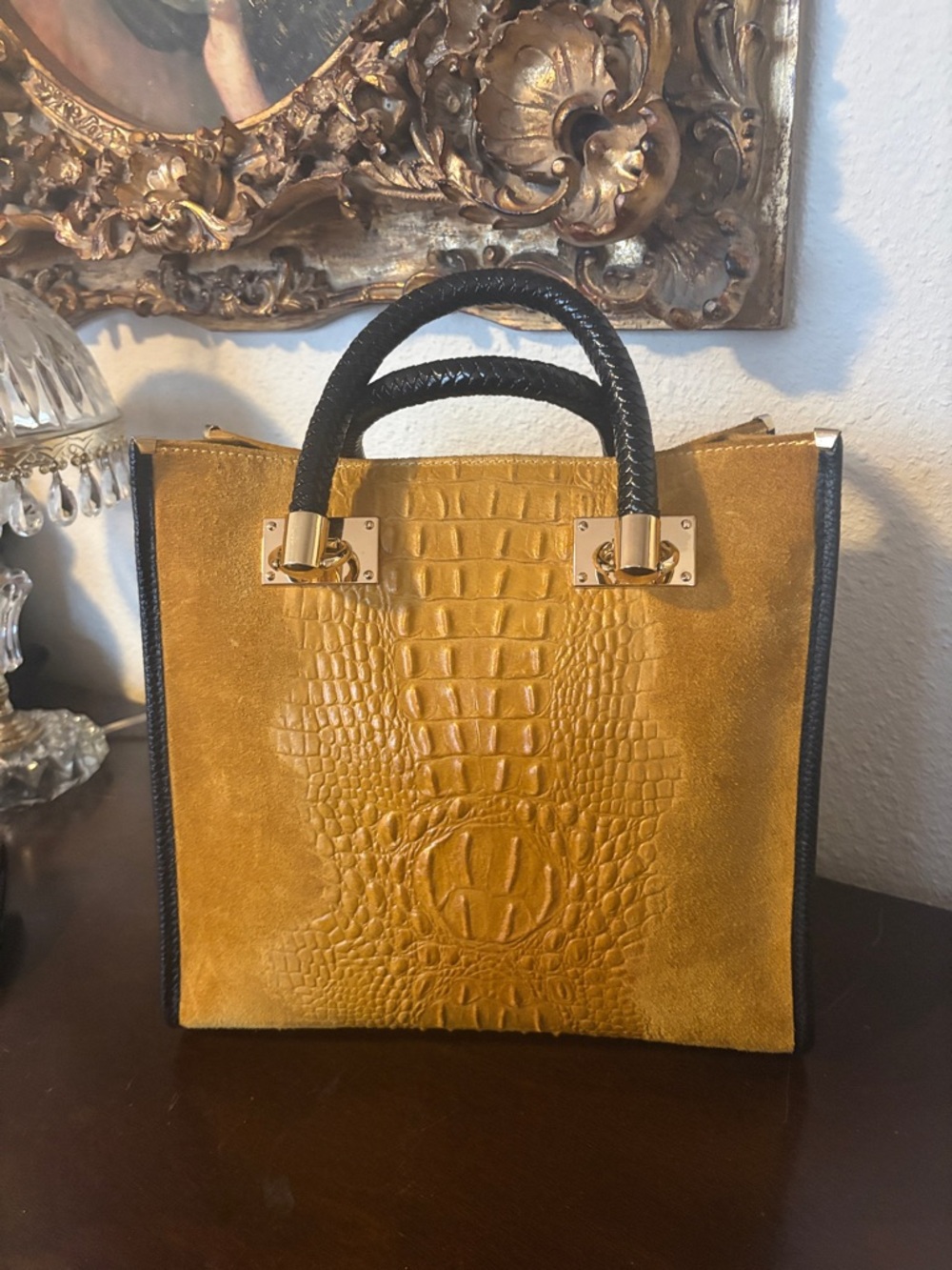 Lux Suede Croc-Embossed Tote Bag Italian leather